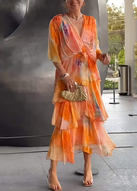 Wrap V-Neck Flutter Sleeve Tie Waist Tiered Ruffle Chiffon Maxi Dress - View 4