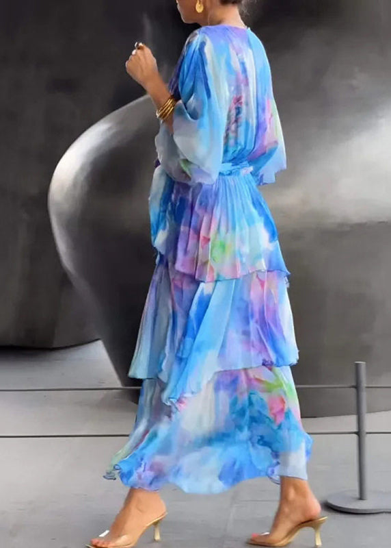 Wrap V-Neck Flutter Sleeve Tie Waist Tiered Ruffle Chiffon Maxi Dress - View 5