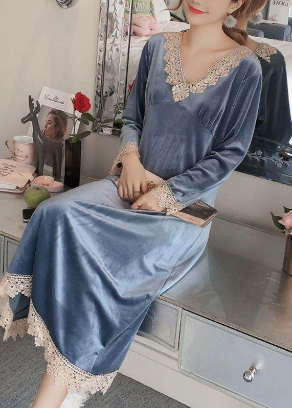 Cute Cemeo V Neck Lace Patchwork Silk Velour Dress Long Sleeve - View 4