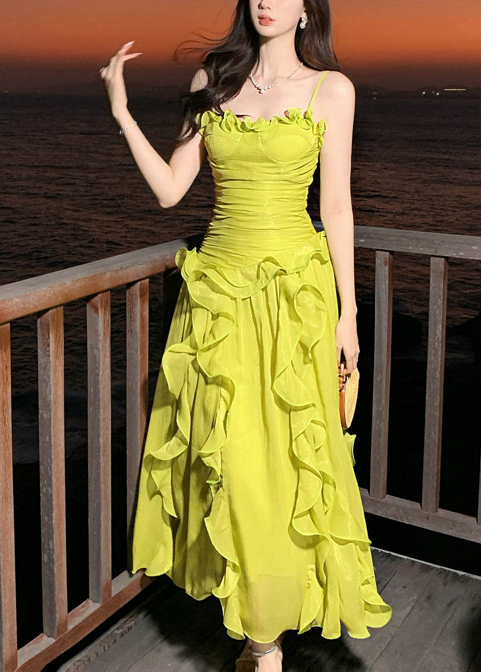 Cute Green Ruffled Patchwork Wrinkled Tulle Long Spaghetti Strap Dresses Sleeveless - View 3