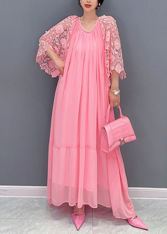 Chiffon Pleated Tiered Maxi Pearl Lace Bell Sleeve Shrug Set