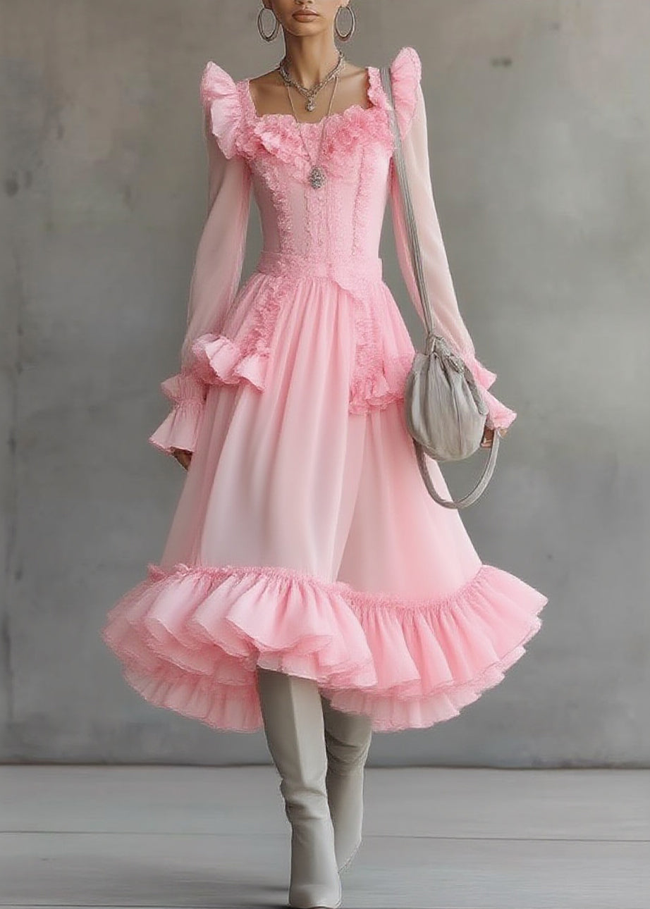 Cute Pink Square Collar Ruffled Patchwork Tulle Maxi Dress