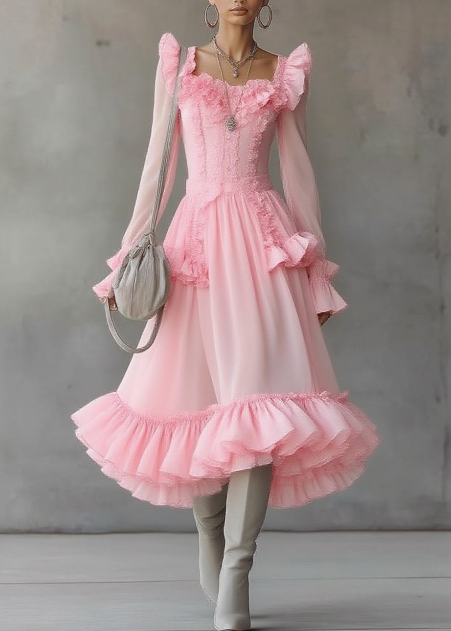 Cute Pink Square Collar Ruffled Patchwork Tulle Maxi Dress - View 3