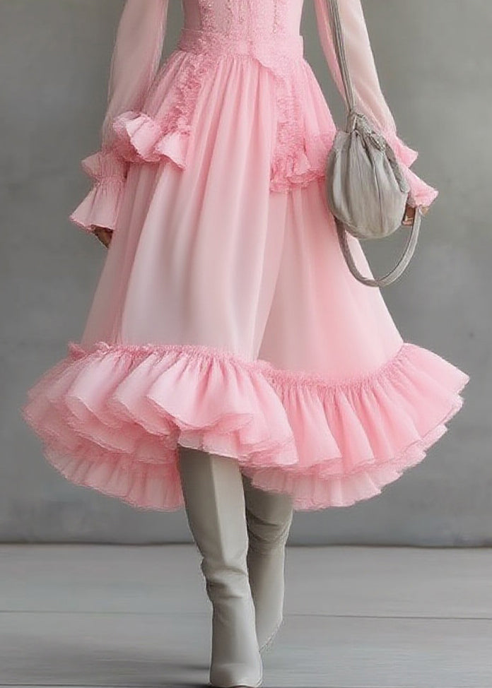 Cute Pink Square Collar Ruffled Patchwork Tulle Maxi Dress - View 4