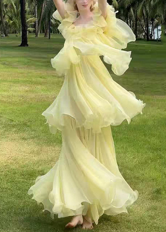 Cute Yellow Slash Neck Ruffled Patchwork Tulle Maxi Dress Sleeveless