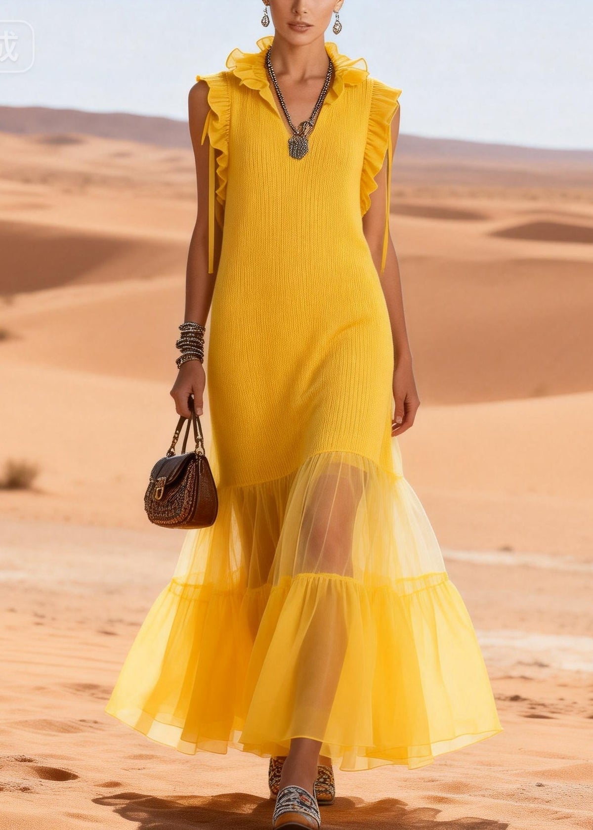 Cute Yellow V Neck Ruffled Tulle Patchwork Cotton Knit Long Dress - View 5