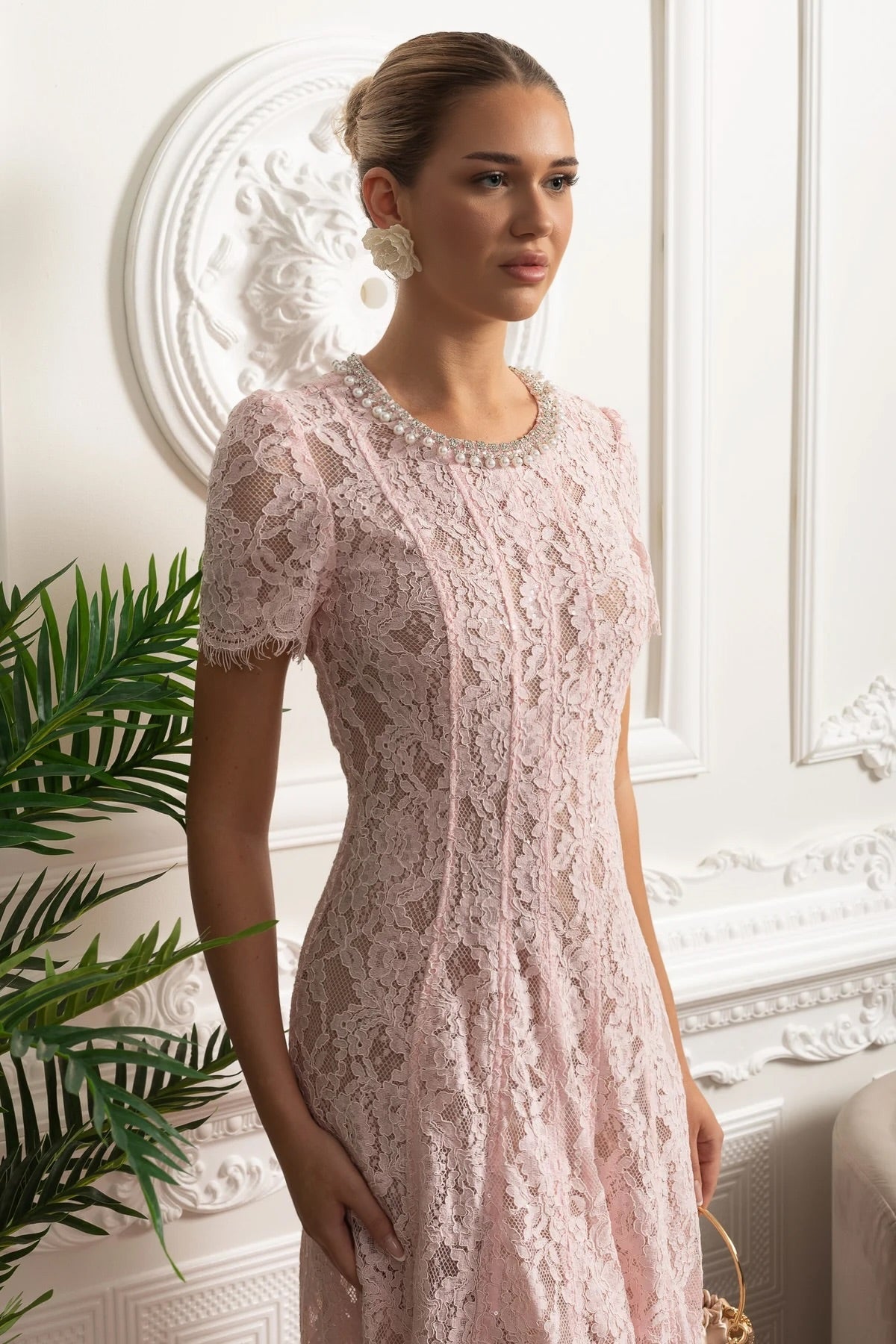 Lace Midi Dress with Crystal Embellished Collar - Pink - View 3