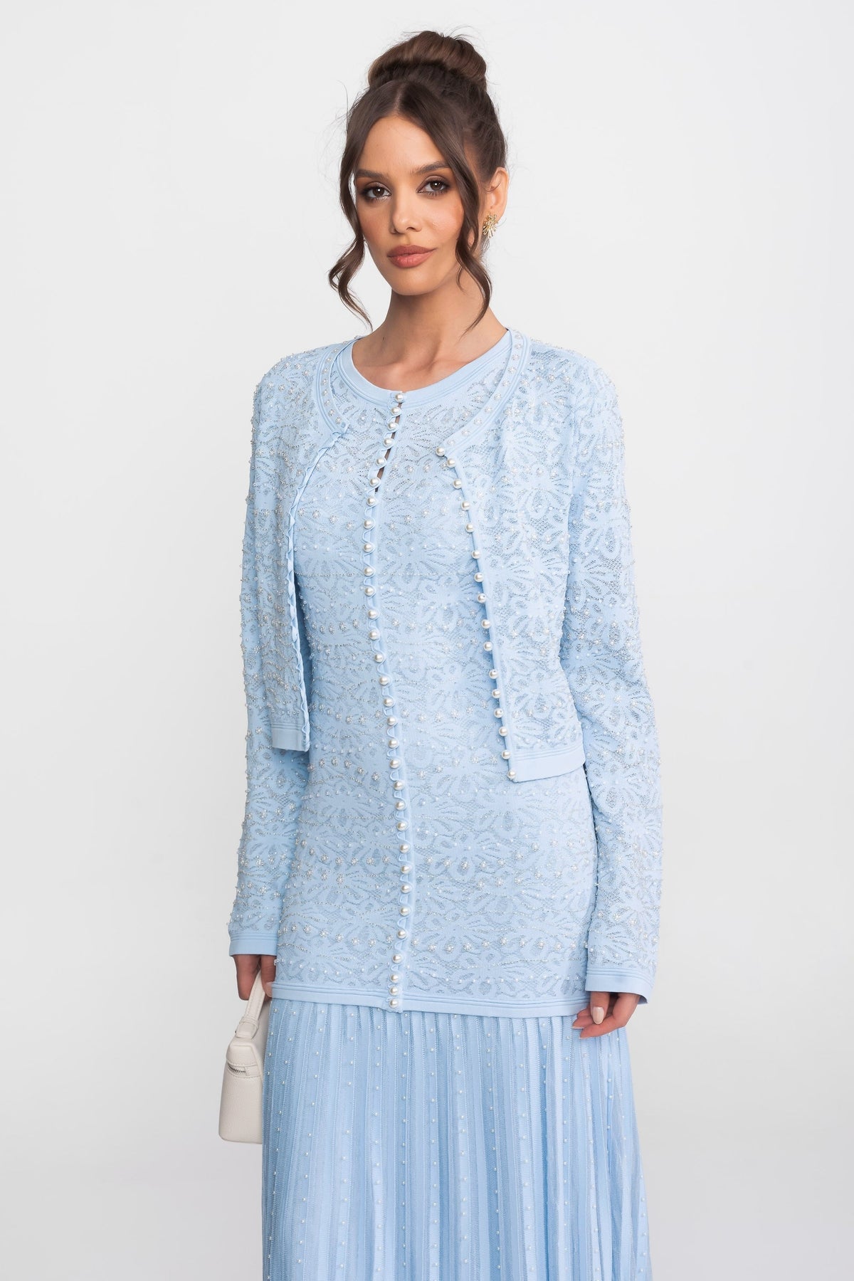 Lace Bead Embellished Round Neck Pearl Button Drop Waist Pleated Maxi Dress - View 5