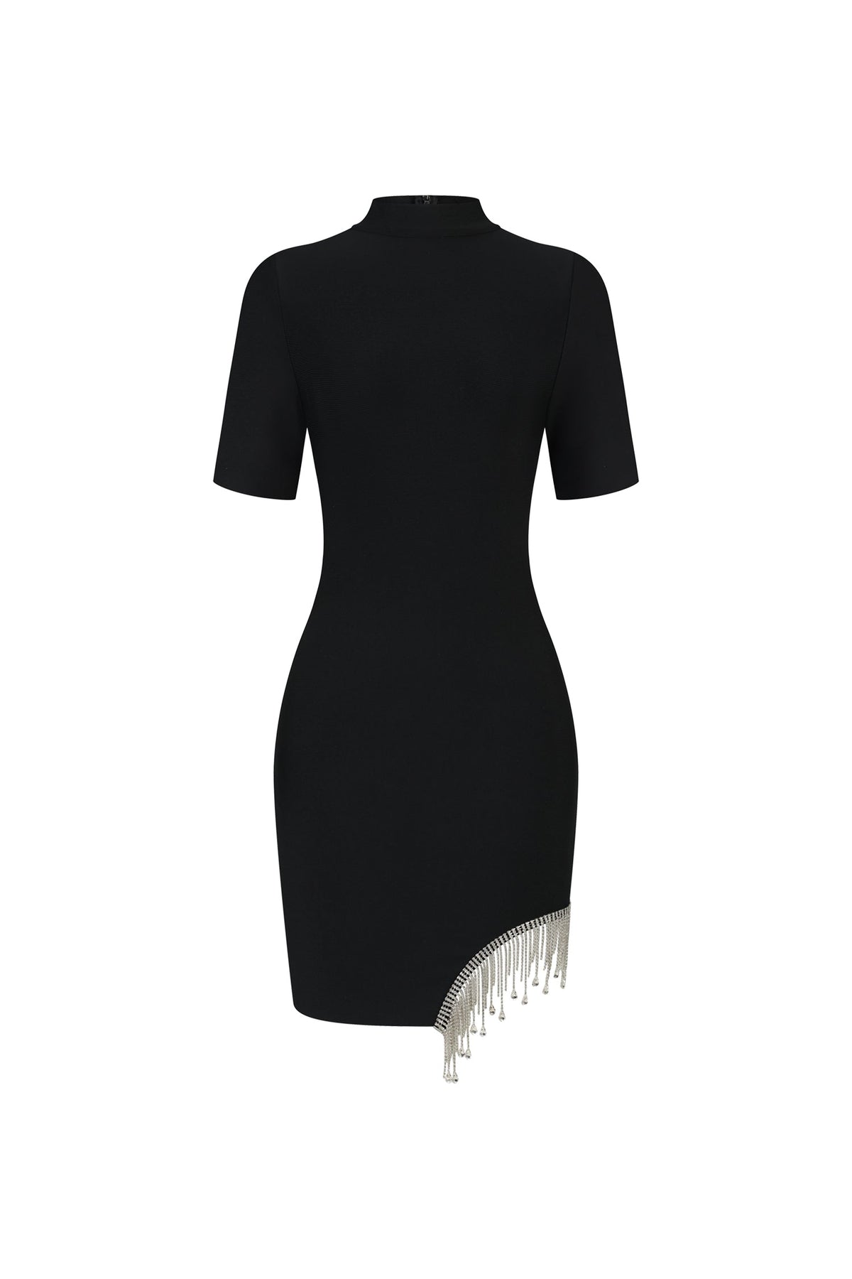 Mock Neck Short Sleeve Rhinestone Fringe Mini Dress - View 7