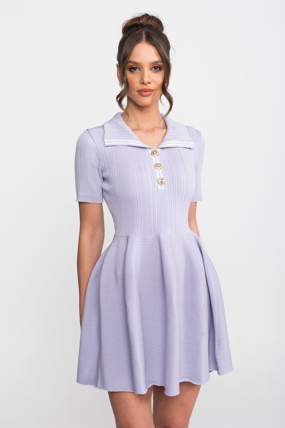 Ribbed Knit Mini Dress With Open Polo Collar And Jewel Buttons - Lilac - View 2