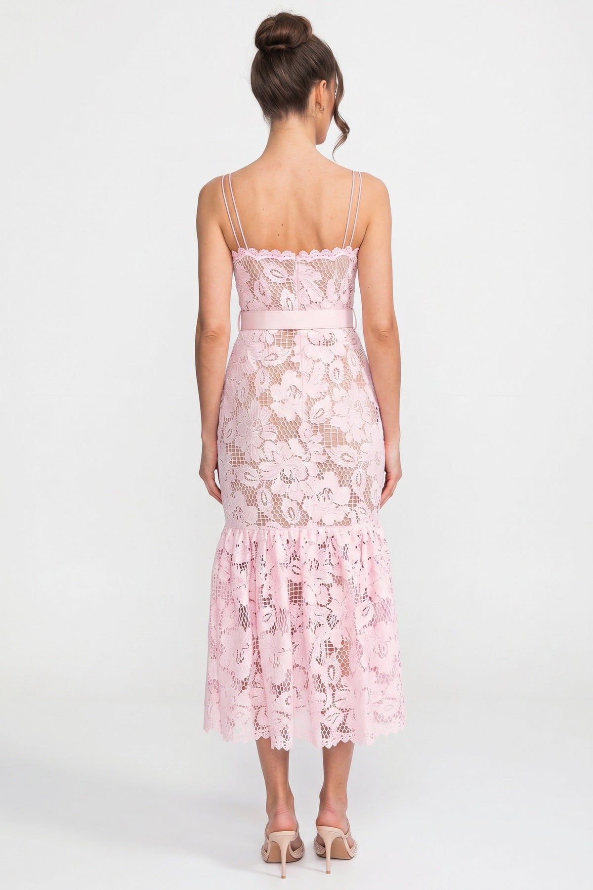 Lace Midi Dress With Belted Waist And Flounce Hem - Pink - View 9