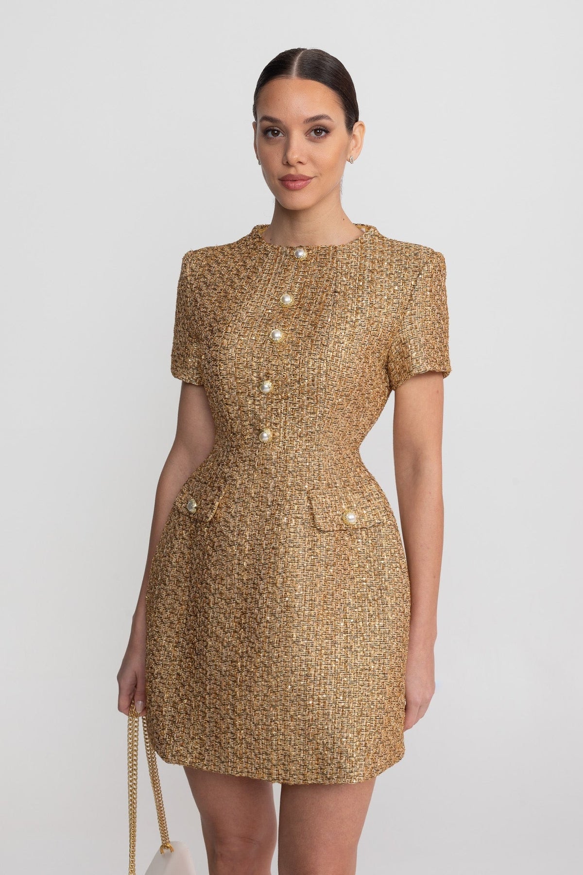Tweed Mock Neck Short Sleeve Pearl Button A-Line Mini Dress - View 5