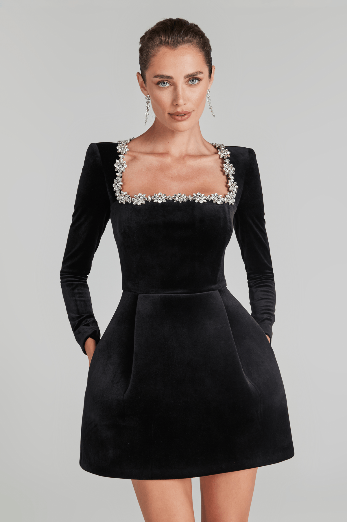 Velvet Crystal Embellished Square Neck Long Sleeve Pleated Mini Dress - View 3