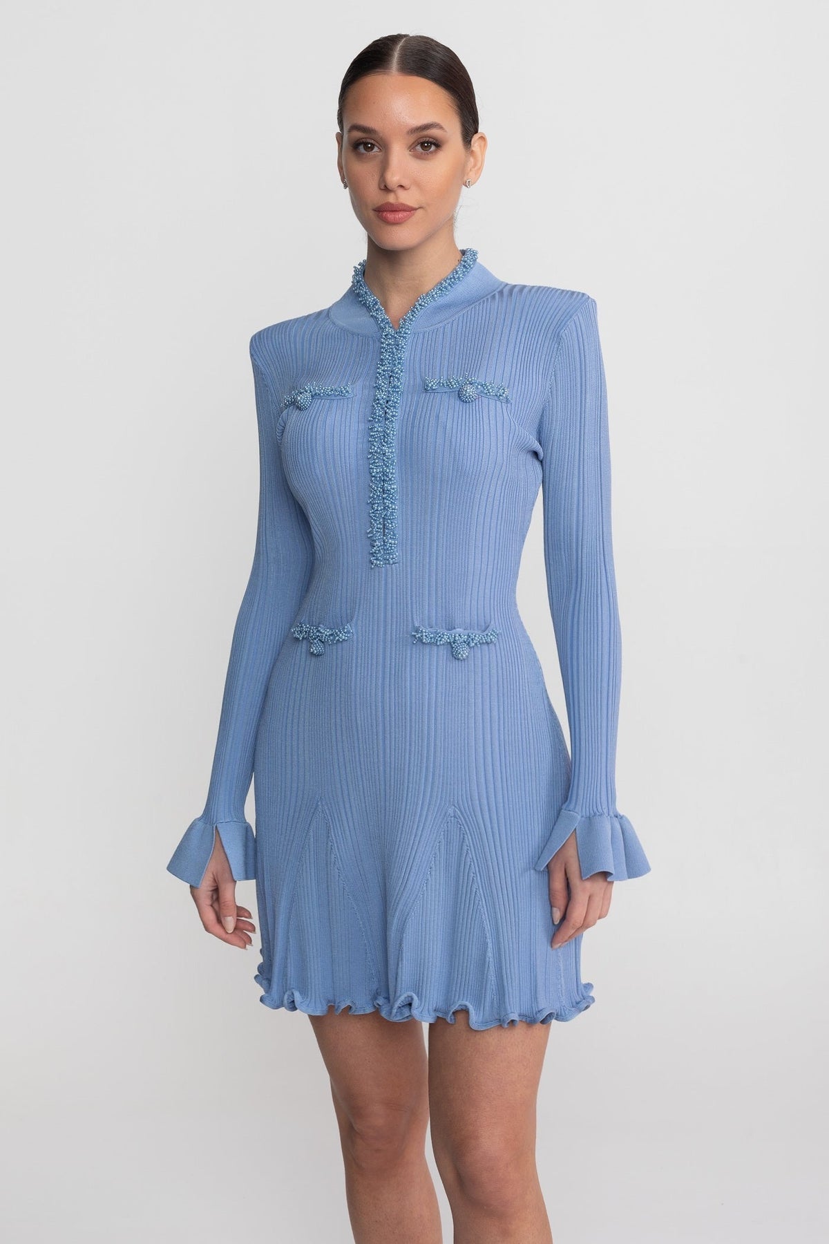 Ribbed Knit Mini Dress With Beaded Trim Detailing - Blue - View 3