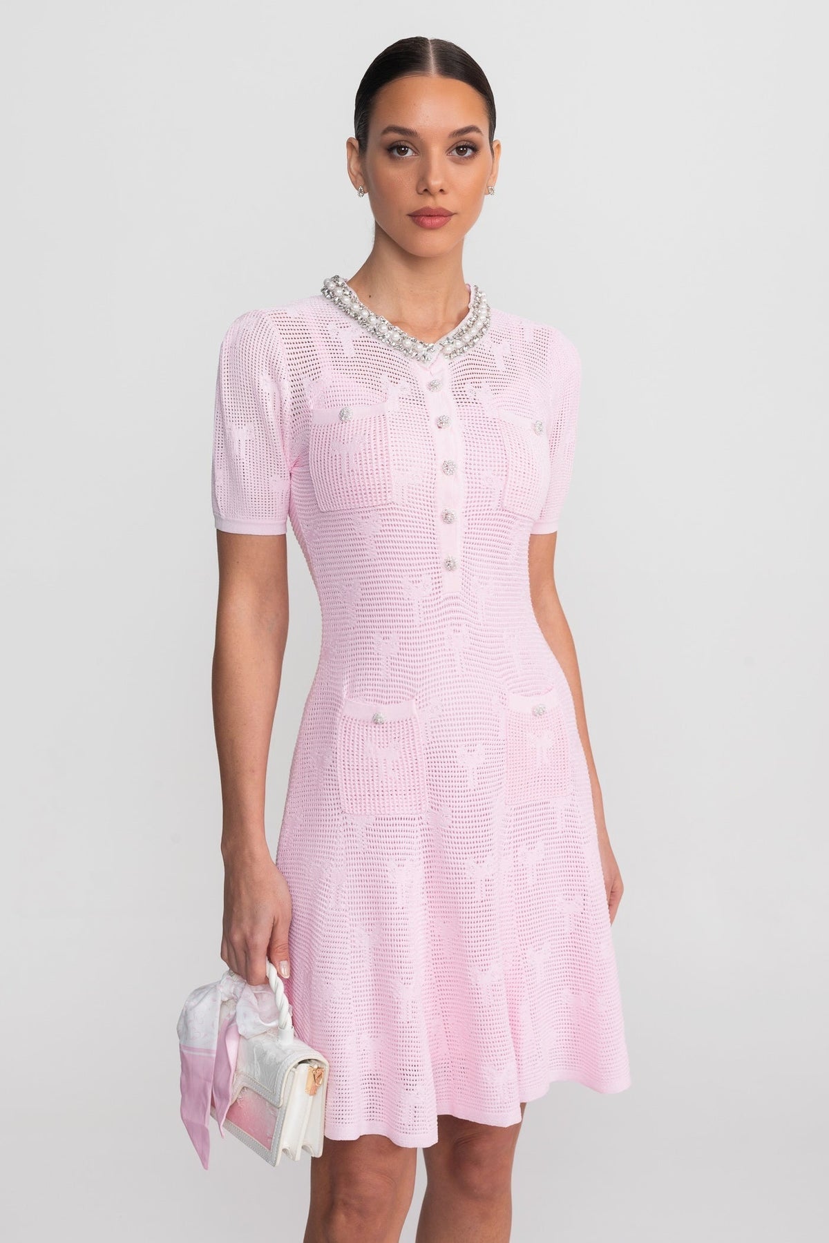 Pointelle Knit Pearl Trim Collar Short Sleeve Mini Dress
