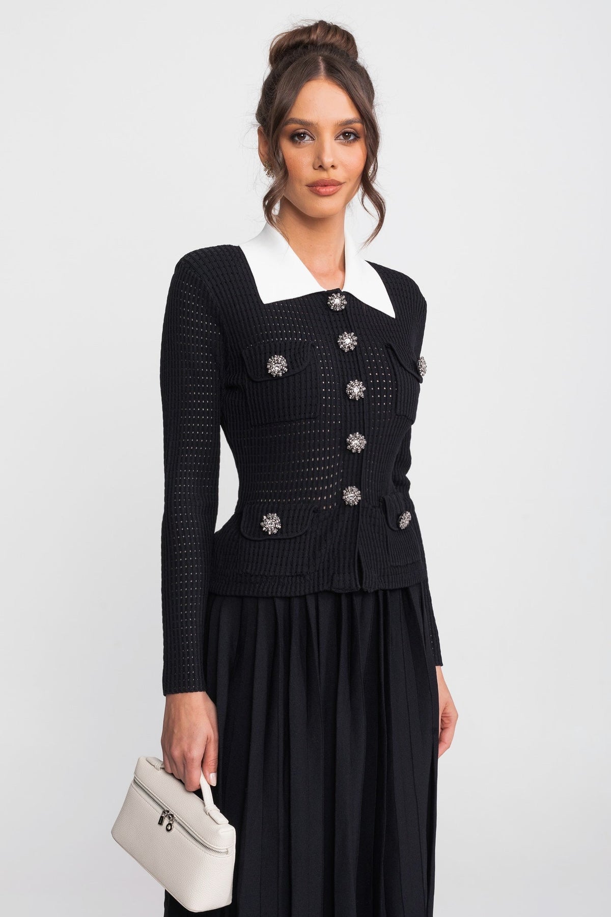 Open-Knit Dress with Pleated Midi Skirt - Black - View 2