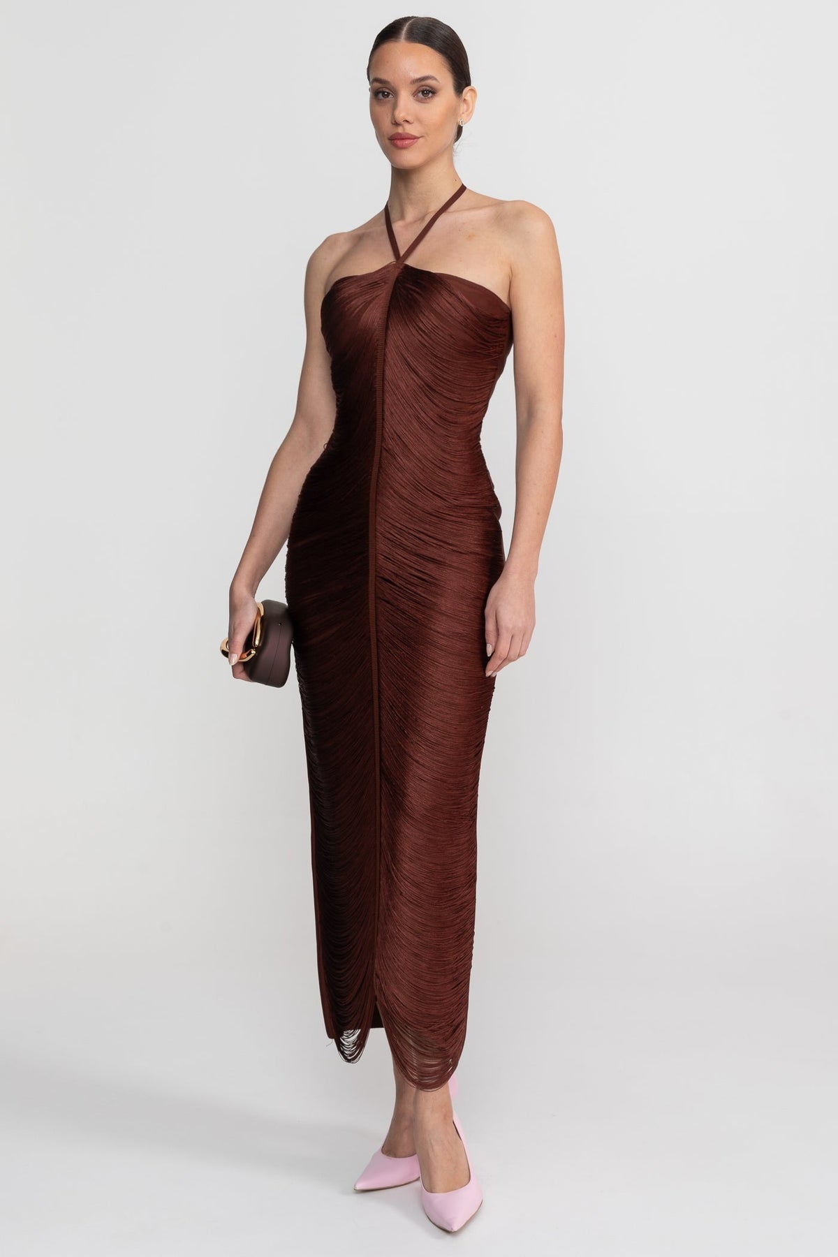 Halter Neck Midi Dress With All-Over Pleated Texture - Brown - View 3