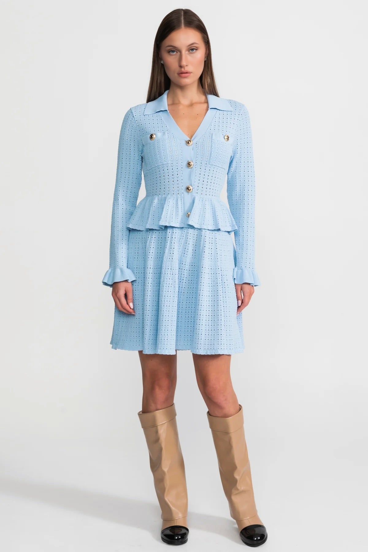 Knit Mini Dress with Peplum Waist and Gold Button Detail - Light Blue - View 3
