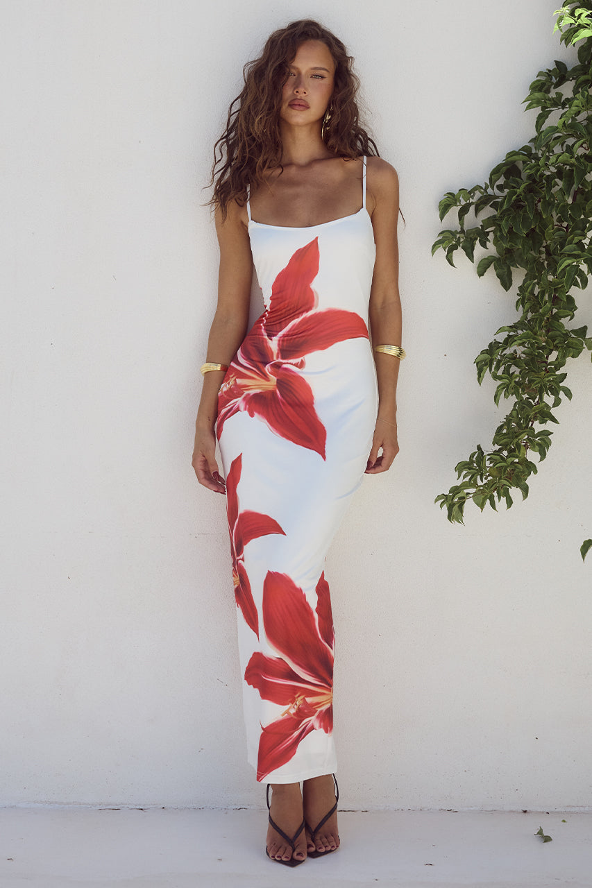 Floral Print Spaghetti Strap Square Neck Bodycon Maxi Dress