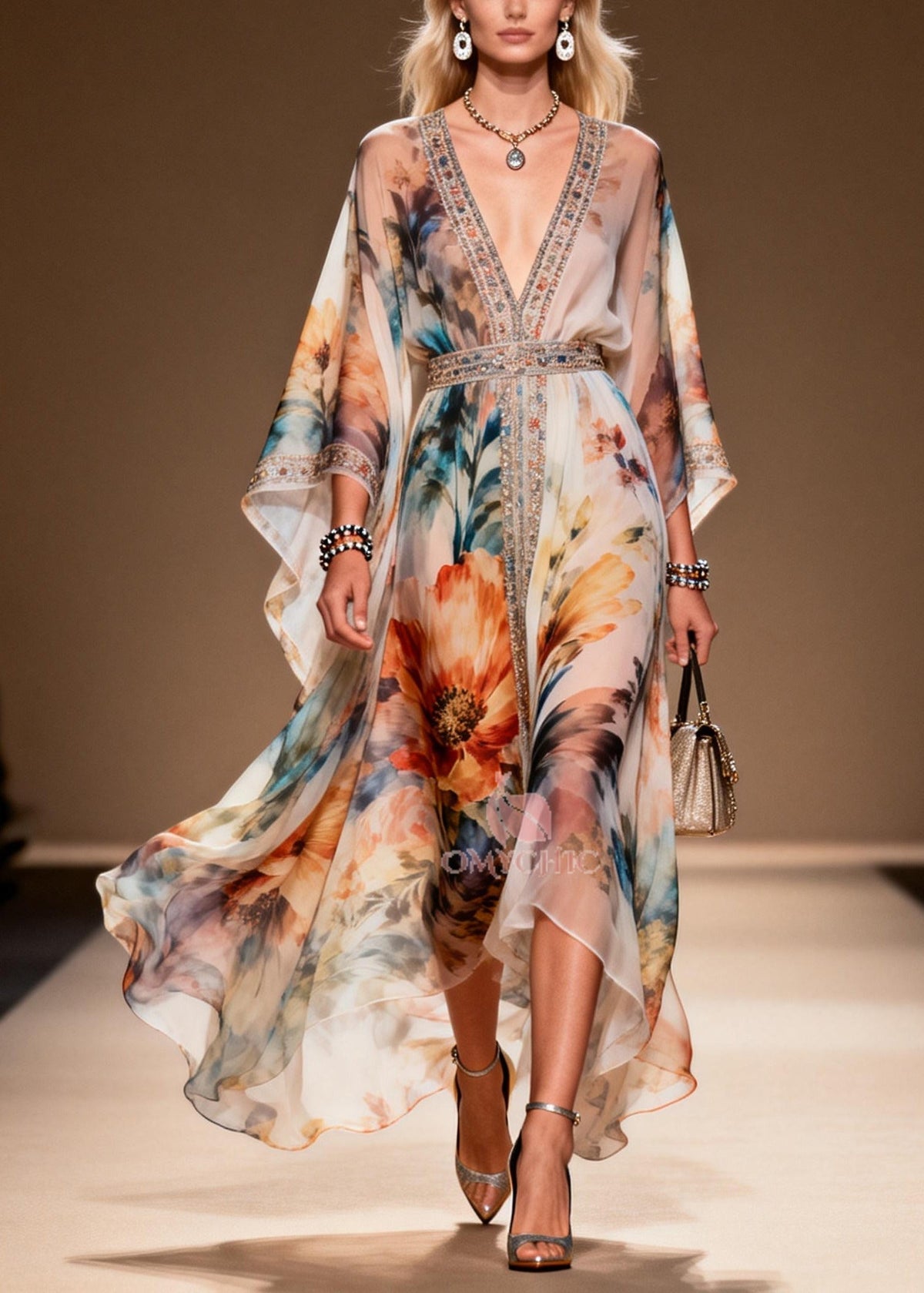 Floral Print Rhinestone Trim Deep V-Neck Belted Sleeve Maxi Gown