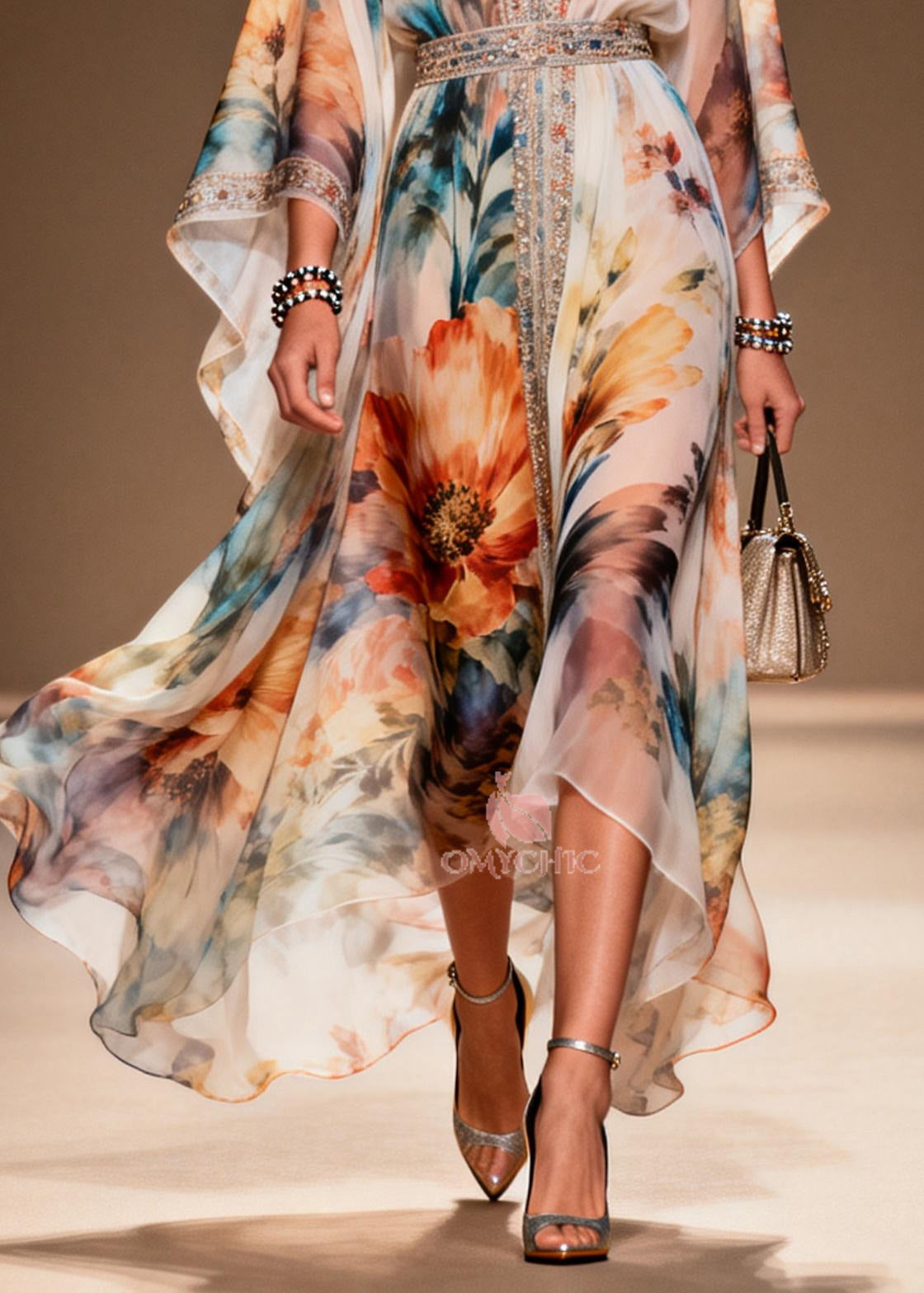 Floral Print Rhinestone Trim Deep V-Neck Belted Sleeve Maxi Gown - View 4