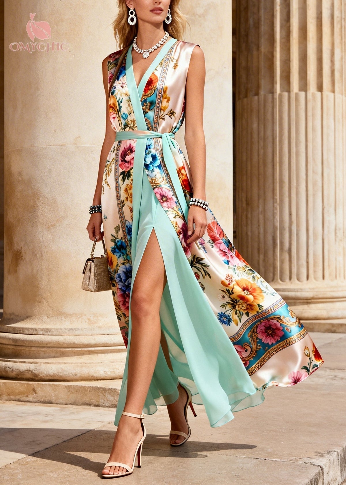 Floral Scrollwork Print Faux Two Piece Wrap V-Neck Tie Waist High Split Maxi Dress