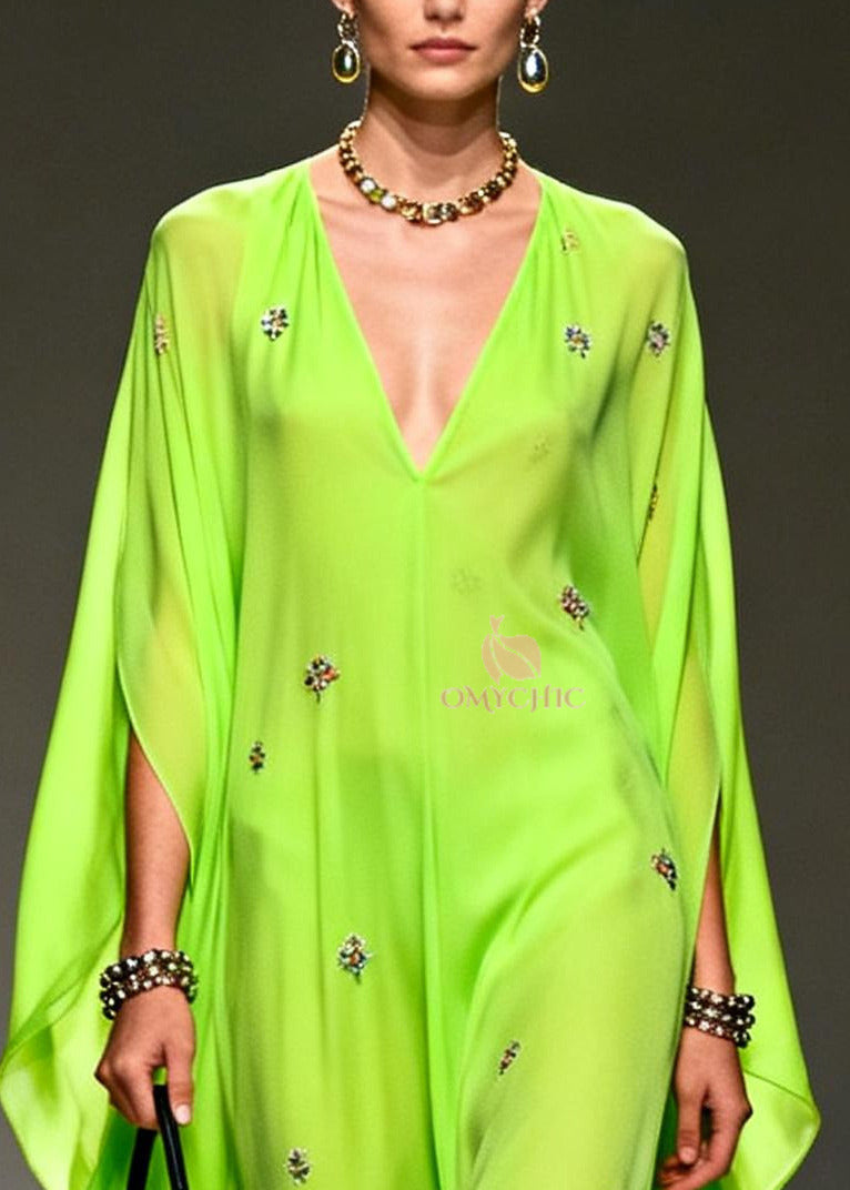 DIY Fluorescent Green Embroidered Chiffon Maxi Dresses Batwing Sleeve - View 2