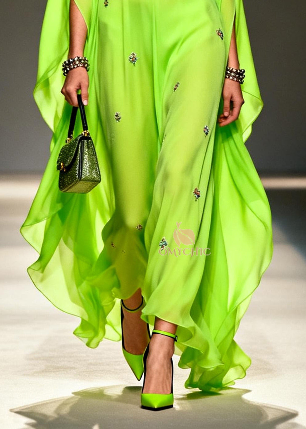 DIY Fluorescent Green Embroidered Chiffon Maxi Dresses Batwing Sleeve - View 4