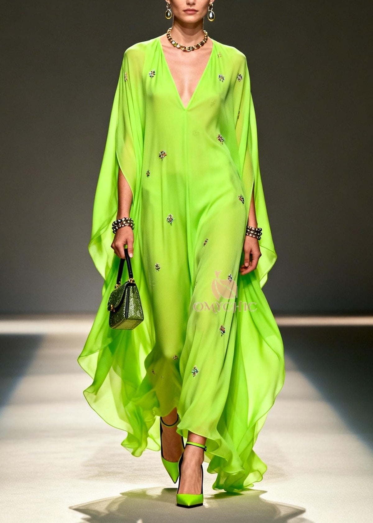 DIY Fluorescent Green Embroidered Chiffon Maxi Dresses Batwing Sleeve - View 5