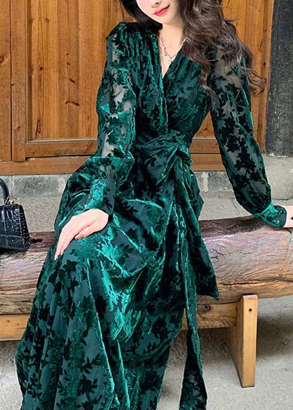 Velvet Burnout Floral Deep V-Neck Wrap Tie Waist Button Cuff Long Sleeve Maxi Gown