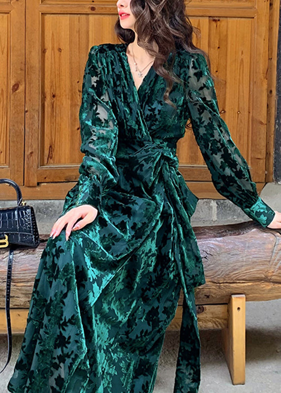 Velvet Burnout Floral Deep V-Neck Wrap Tie Waist Button Cuff Long Sleeve Maxi Gown - View 2