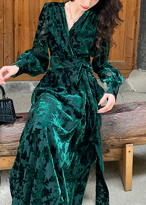 Velvet Burnout Floral Deep V-Neck Wrap Tie Waist Button Cuff Long Sleeve Maxi Gown - View 3