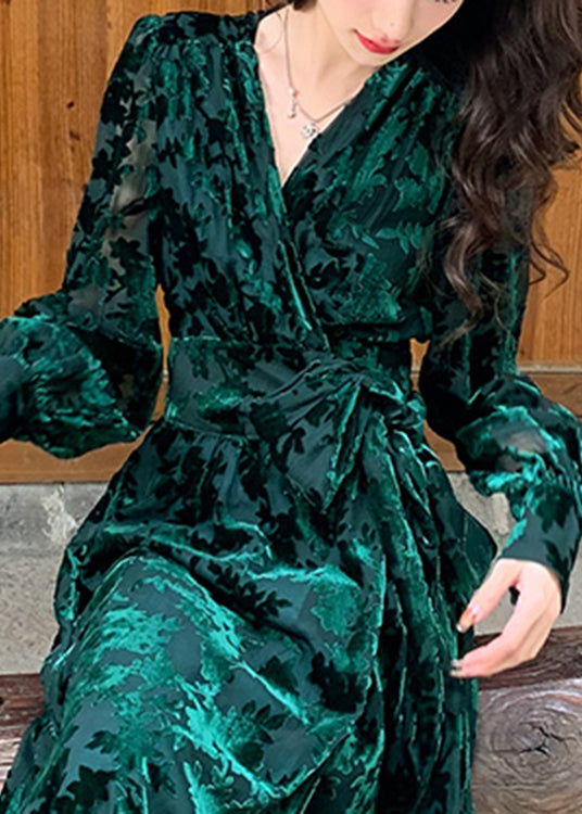 Velvet Burnout Floral Deep V-Neck Wrap Tie Waist Button Cuff Long Sleeve Maxi Gown - View 4