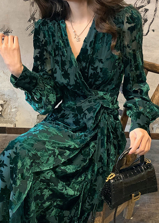 Velvet Burnout Floral Deep V-Neck Wrap Tie Waist Button Cuff Long Sleeve Maxi Gown - View 5