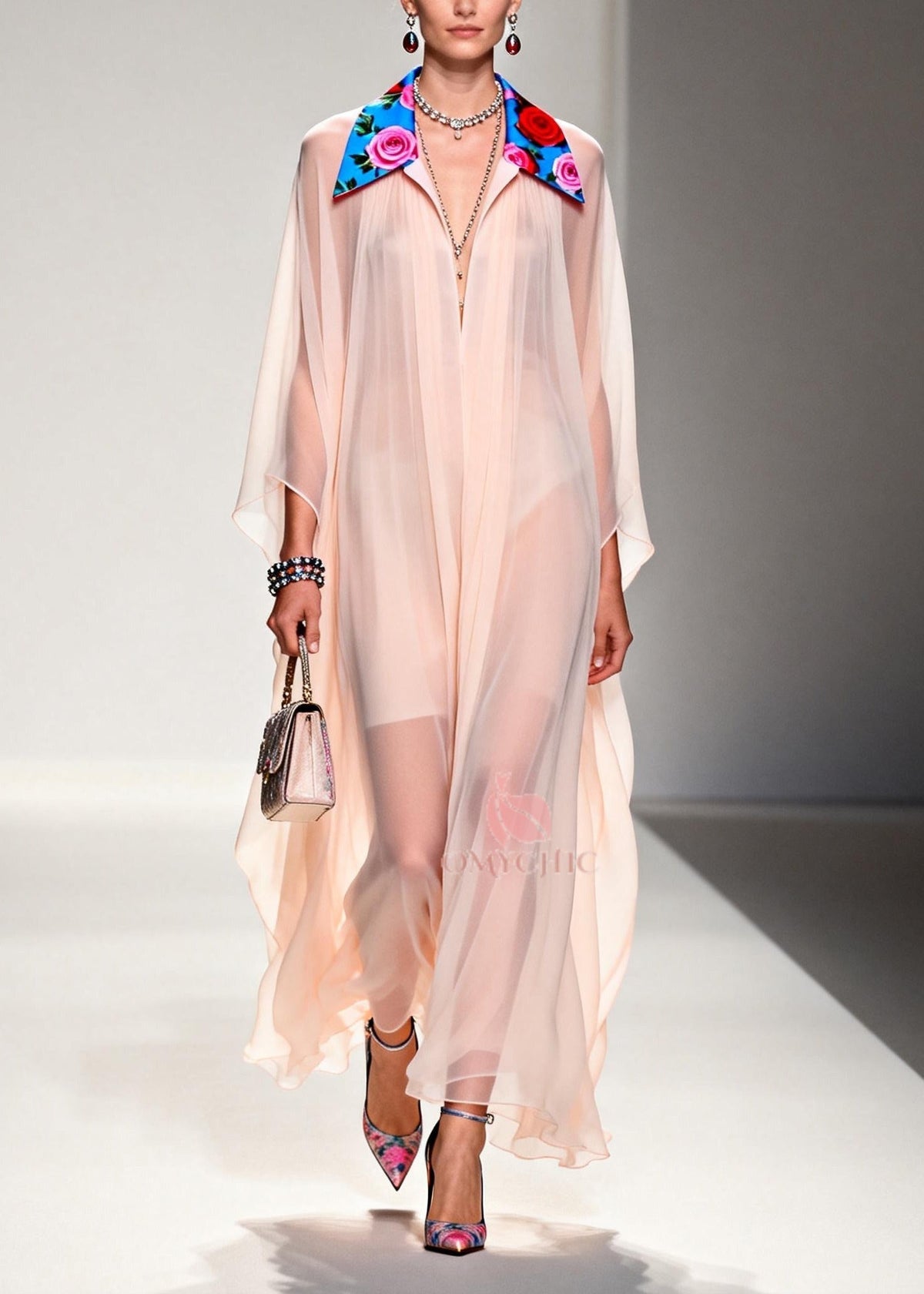 DIY Nude Peter Pan Collar Patchwork Chiffon Maxi Dress Summer - View 5