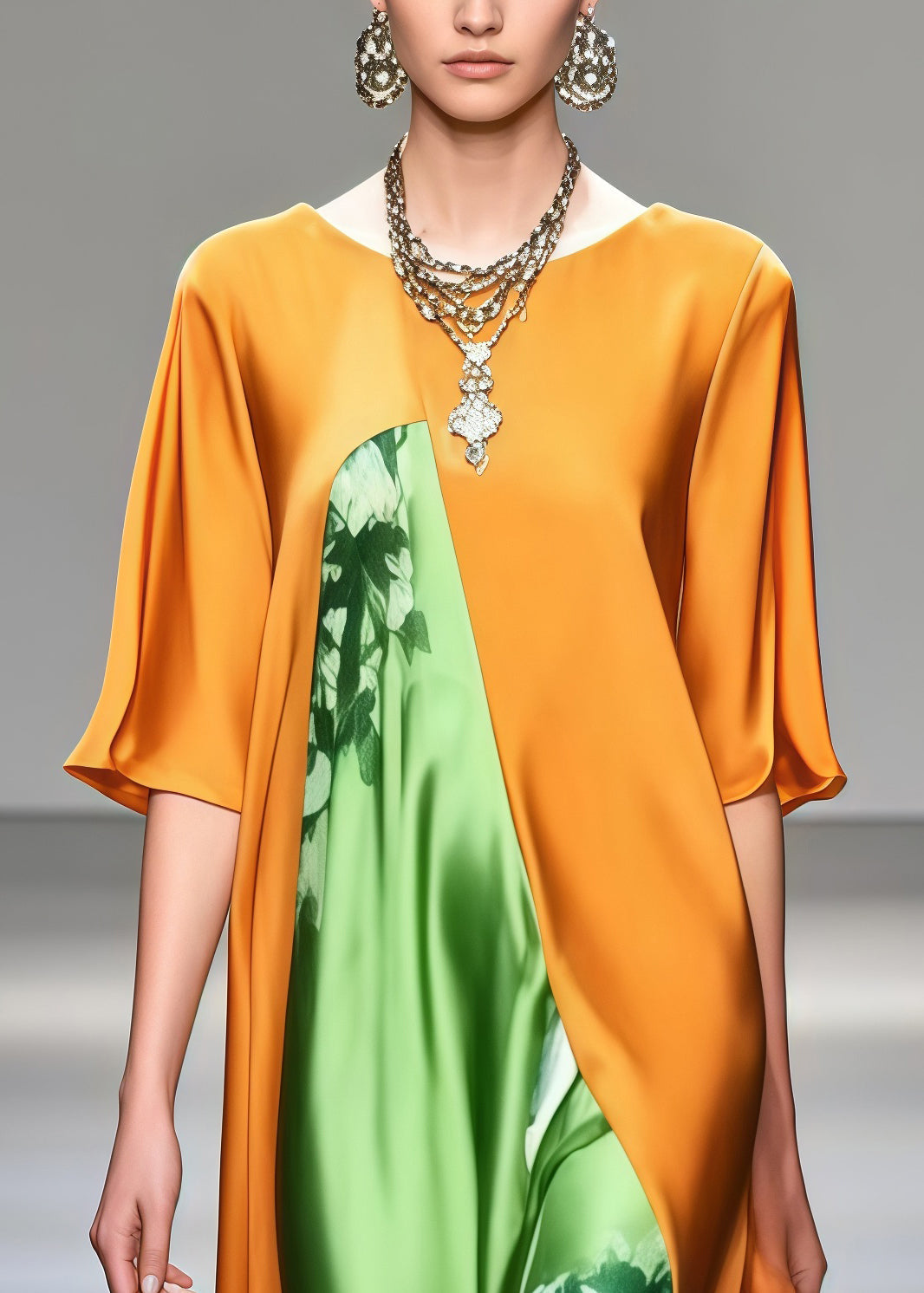 Floral Print High Neck Wide Sleeve Split Front Layered Maxi Gown - View 2