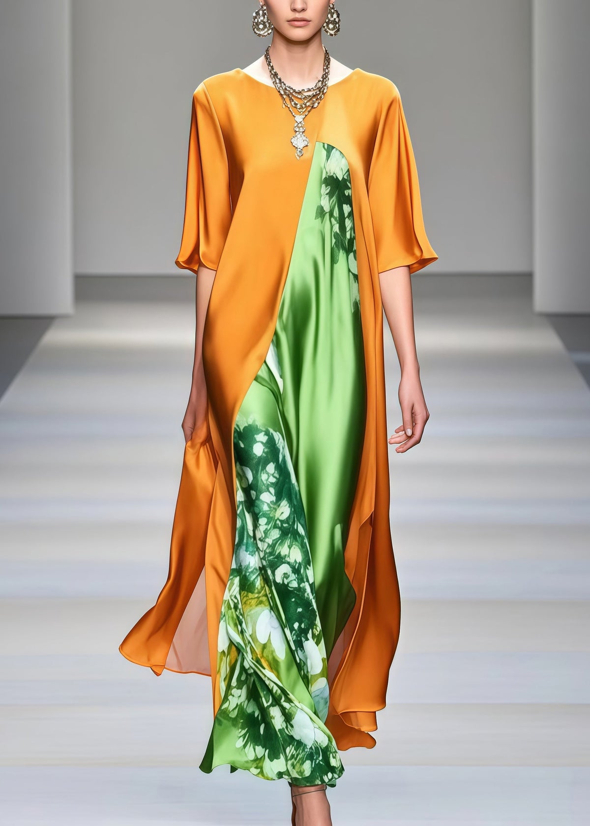 Floral Print High Neck Wide Sleeve Split Front Layered Maxi Gown - View 3