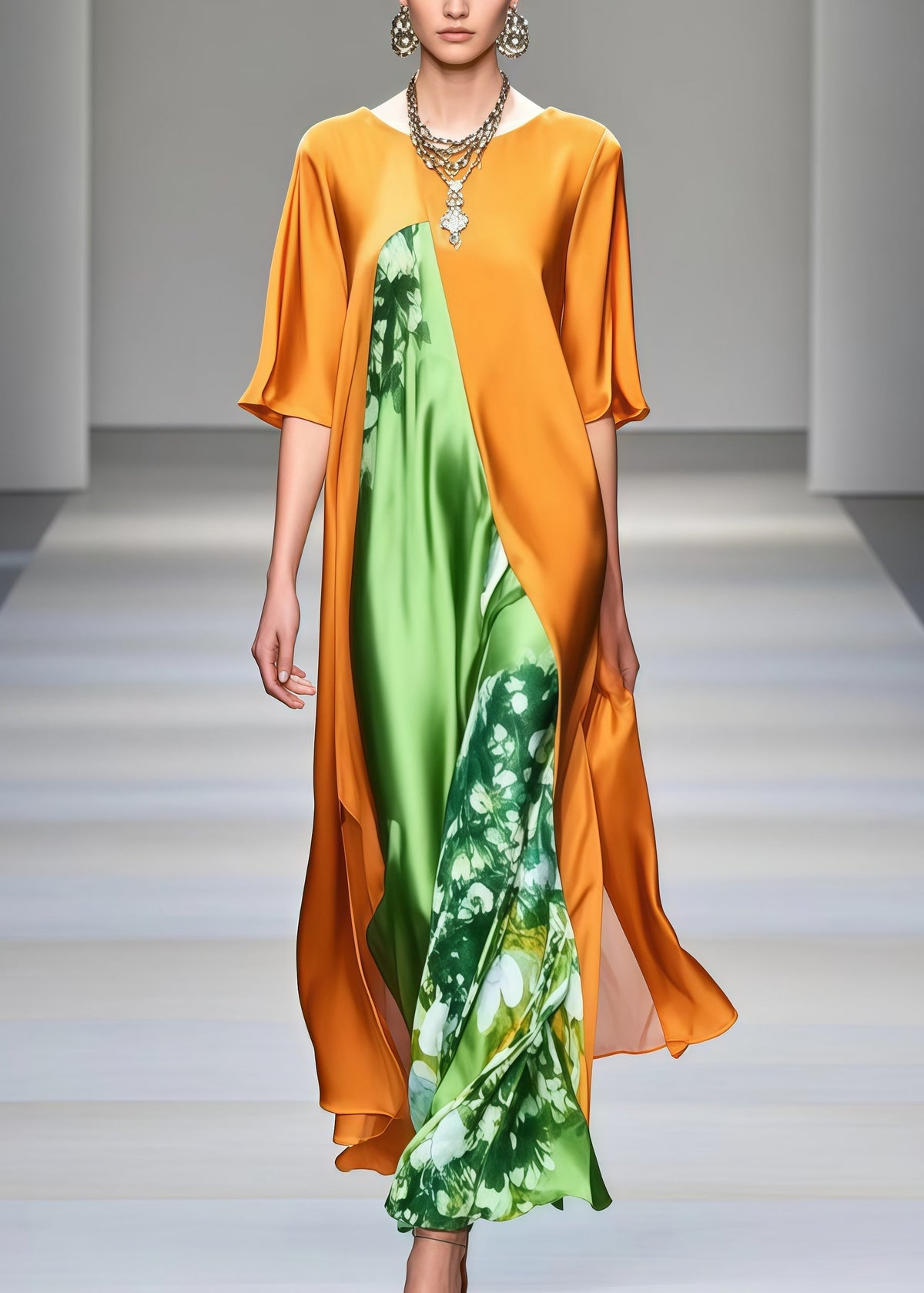 Floral Print High Neck Wide Sleeve Split Front Layered Maxi Gown - View 5