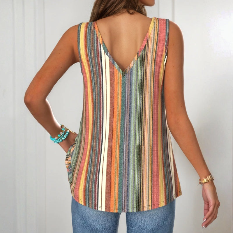 Striped V-Neck Button Front Knot Strap Tank Top 3