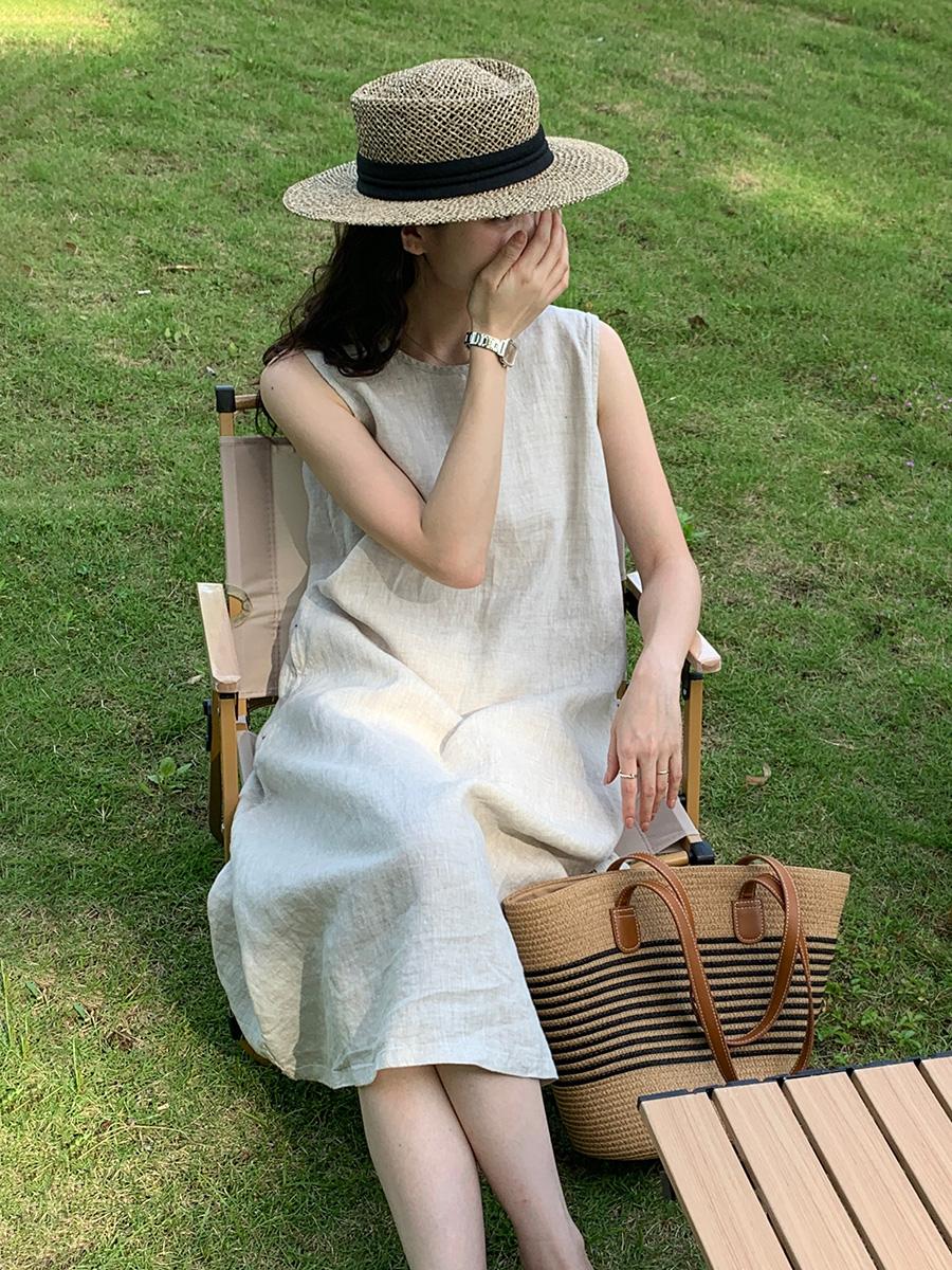 Round Neck Sleeveless A-Line Linen Midi Dress Summer 4