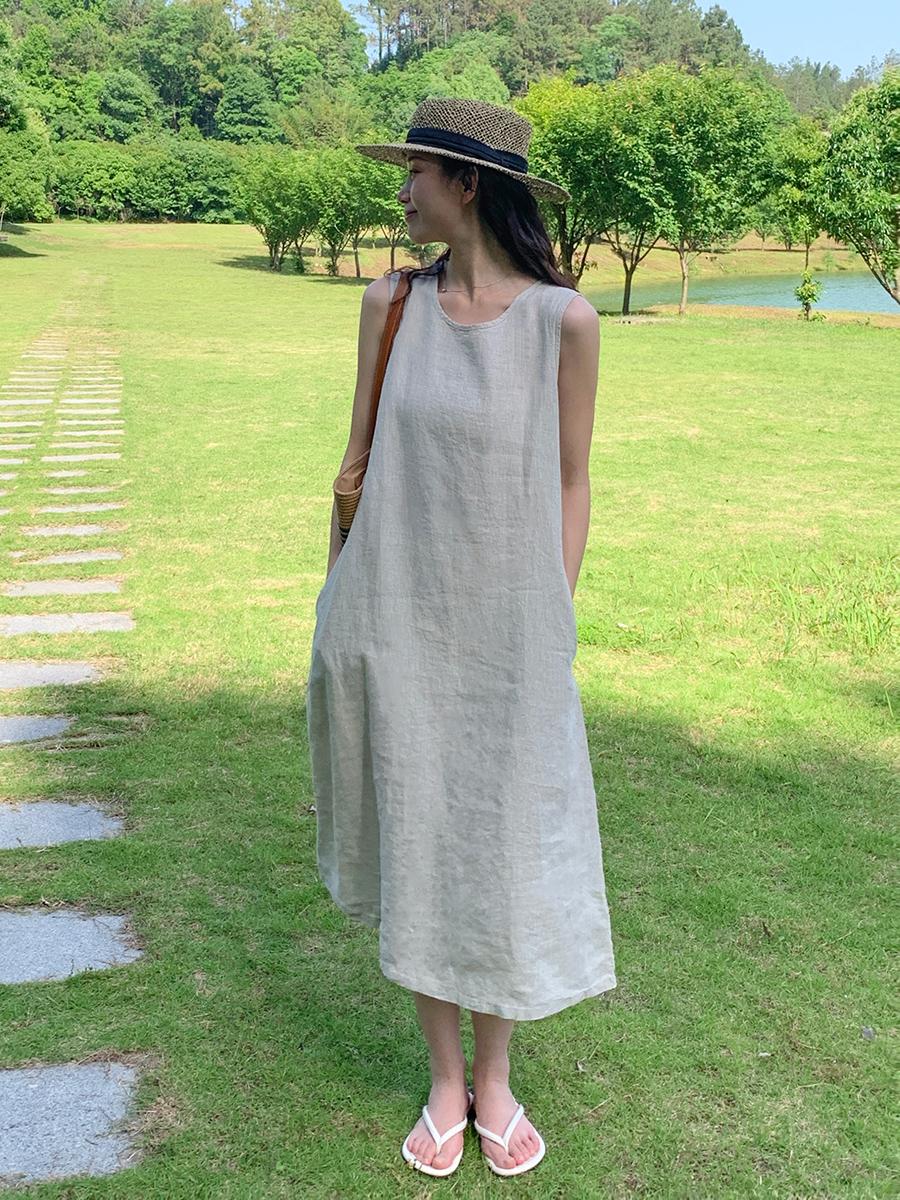 Round Neck Sleeveless A-Line Linen Midi Dress Summer 5