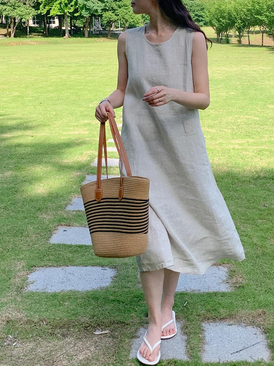 Round Neck Sleeveless A-Line Linen Midi Dress Summer 2