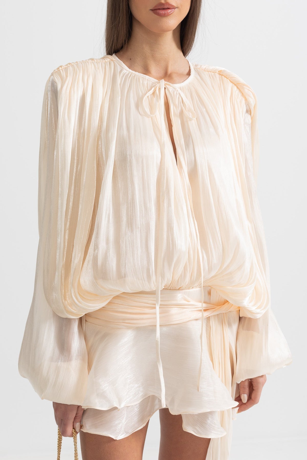 Ruffled Long Sleeved Mini Dress With Flowing Silhouette - Apricot - View 8
