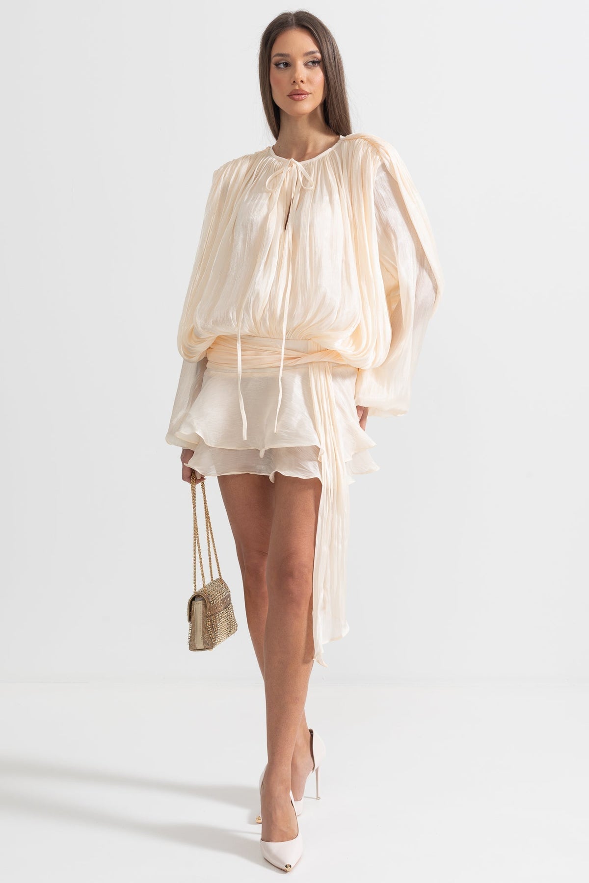 Ruffled Long Sleeved Mini Dress With Flowing Silhouette - Apricot - View 5