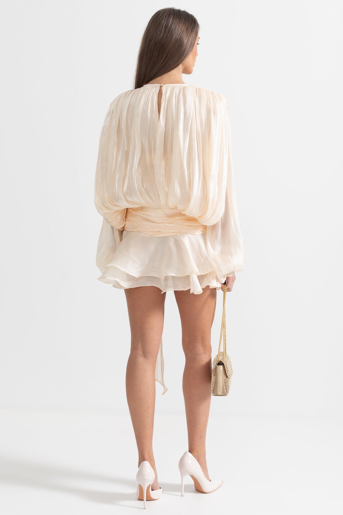 Ruffled Long Sleeved Mini Dress With Flowing Silhouette - Apricot - View 6