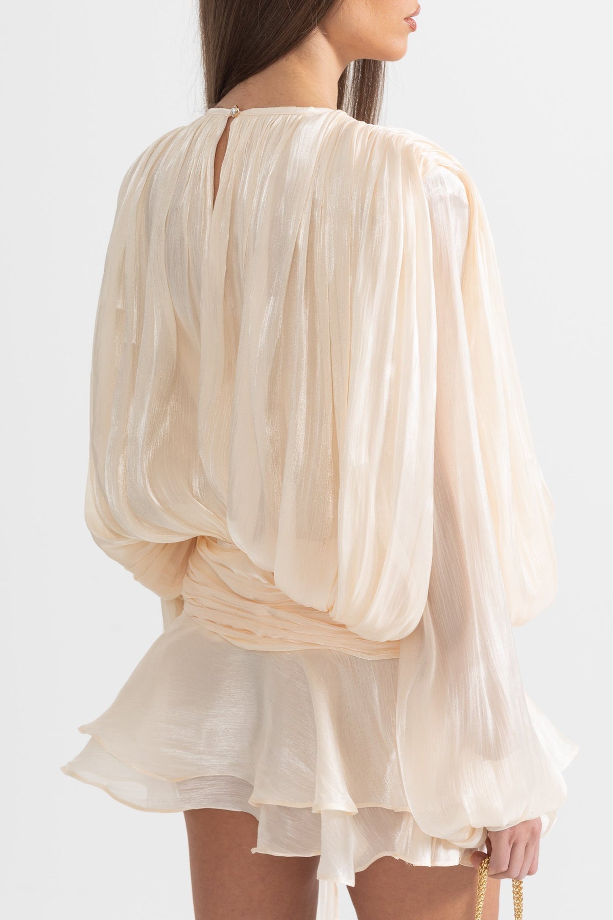 Ruffled Long Sleeved Mini Dress With Flowing Silhouette - Apricot - View 9