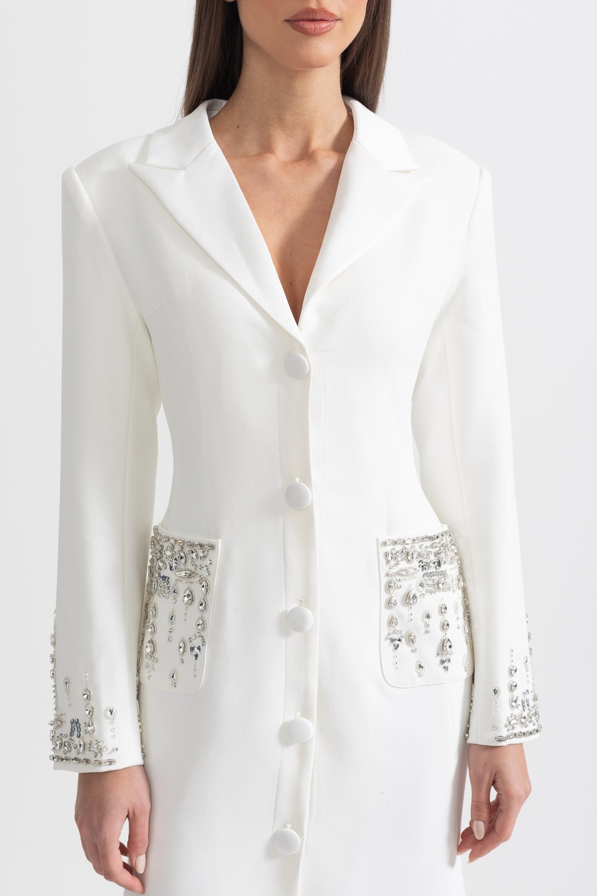 Long Sleeve Notched Lapel Crystal Pocket Cuff Button Front Maxi Gown - View 6