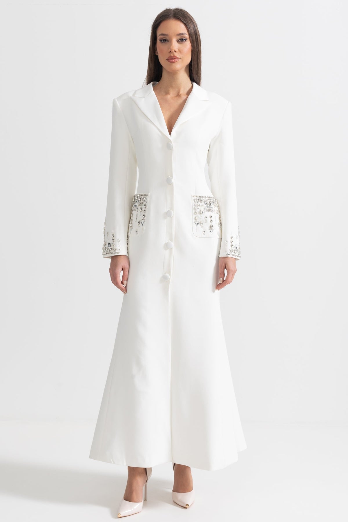 Long Sleeve Notched Lapel Crystal Pocket Cuff Button Front Maxi Gown
