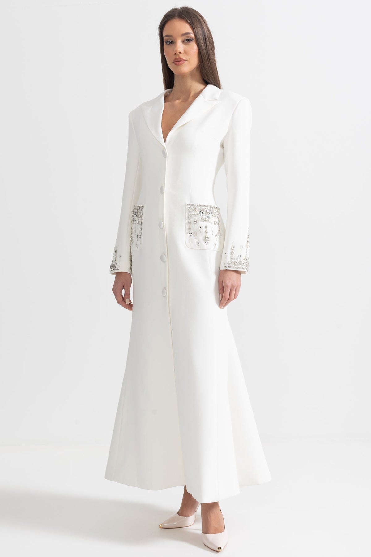 Long Sleeve Notched Lapel Crystal Pocket Cuff Button Front Maxi Gown - View 5