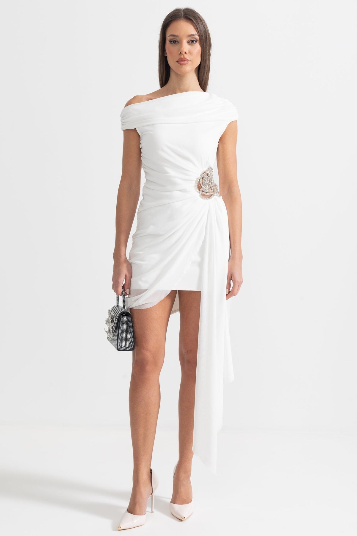 One Shoulder Ruched Draped Rhinestone Floral Brooch Side Panel Mini Dress